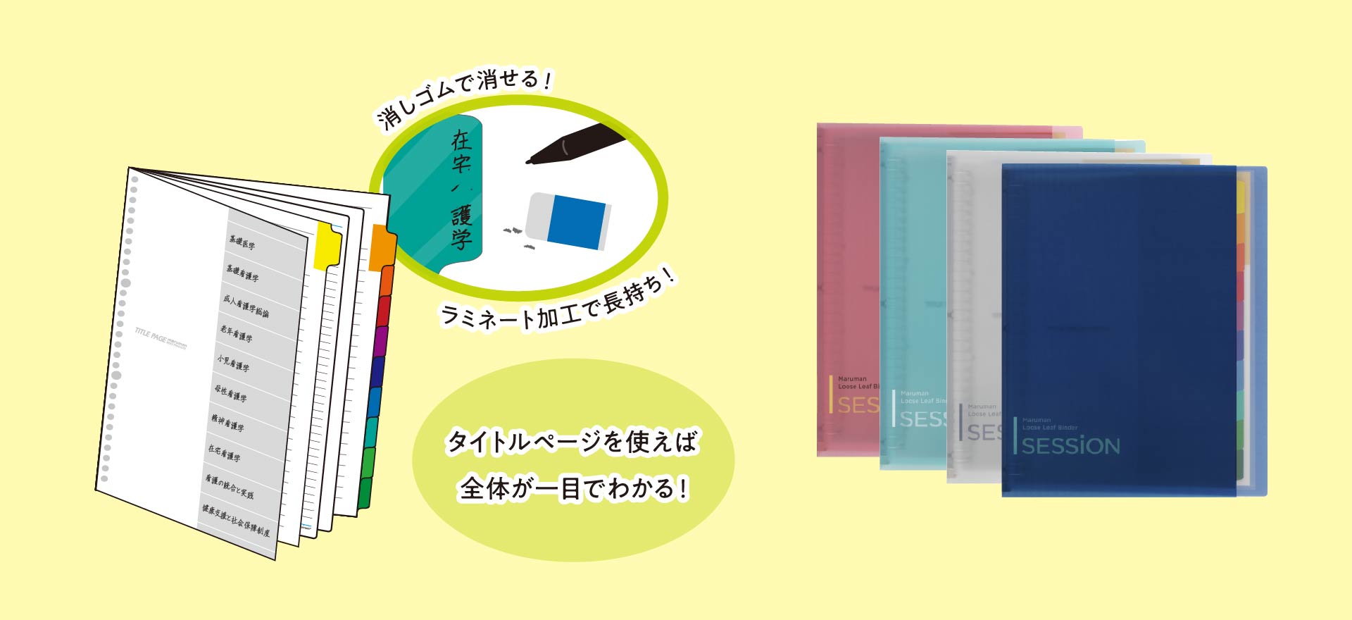 図 SESSION A4サイズの便利なポイント：セッションバインダーには油性ペンで書いても消しゴムで消すことができるインデックスが付属しています。
