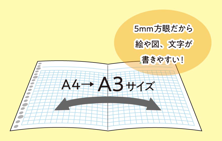 SESSiON セッションバインダーに付属しているワイドタイプのルーズリーフは、A3サイズまで広げることが出来ます。5mm方眼なので絵や図をかきやすく、見返した時も大きく見やすいです。
